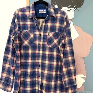 Vintage Flannel Shirt Blue Plaid Mens Size Large Unisex  90s camping cabin masc